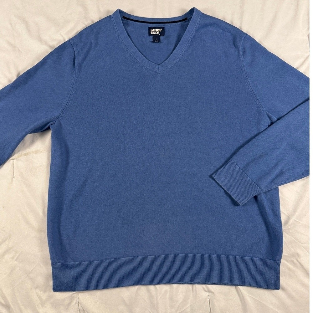 Lands End Mens Blue 100% Cotton V-Neck Pullover Sweater Size L 42-44 540173